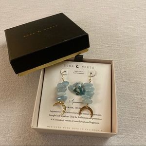 Luna Norte Blue Aquamarine March Birthstone 14KT Gold Moon Dangle Earrings Box